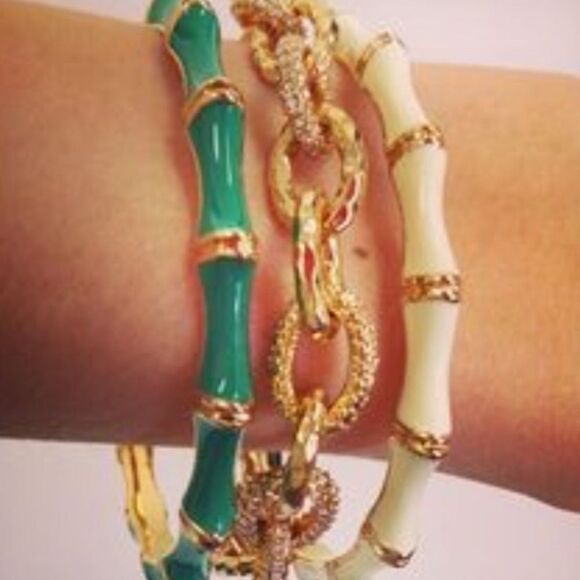 Stella & Dot Ivory Gold Bamboo Enamel Julep Cuff Bangle Bracelet - Picture 1 of 5